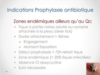 Indications Prophylaxie antibiotique
Zones endémiques ailleurs qu’au Qc
Tique à pattes noires adulte ou nymphe
attachée à la peau (deer tick)
Durée attachement > 36hres
Engorgement
Moment Exposition
Début prophylaxie < 72h retrait tique
Zone endémique (> 20% tiques infectées)
Absence CI doxycycline
Suivi nécessaire
 