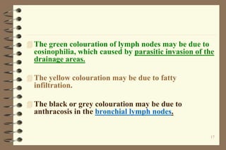  The green colouration of lymph nodes may be due to
eosinophilia, which caused by parasitic invasion of the
drainage areas.
 The yellow colouration may be due to fatty
infiltration.
 The black or grey colouration may be due to
anthracosis in the bronchial lymph nodes.
17
 