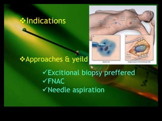 Indications



Approaches & yeild
      Excitional biopsy preffered
      FNAC
      Needle aspiration
 