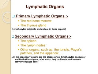 Lymphatic Organs
 Primary Lymphatic Organs :-
 The red bone marrow
 The thymus gland
(Lymphocytes originate and mature in these organs)
Secondary Lymphatic Organs:-
 The spleen
 The lymph nodes
 Other organs, such as: the tonsils, Payer's
patches, and the appendix, ..
(All the secondary organs are the places where lymphocytes encounter
and bind with antigens, after which they proliferate and become
actively engaged cells)
 