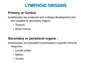 Primary or Central
lymphocytes are produced and undergo development and
are supplied to secondary organs.
• Thymus
• Bone marrow
Secondary or peripheral organs :
lymphocytes are activated to participate in specific immune
response.
• Lymph nodes
• Spleen
• Tonsils
LYMPHOID ORGANS
 