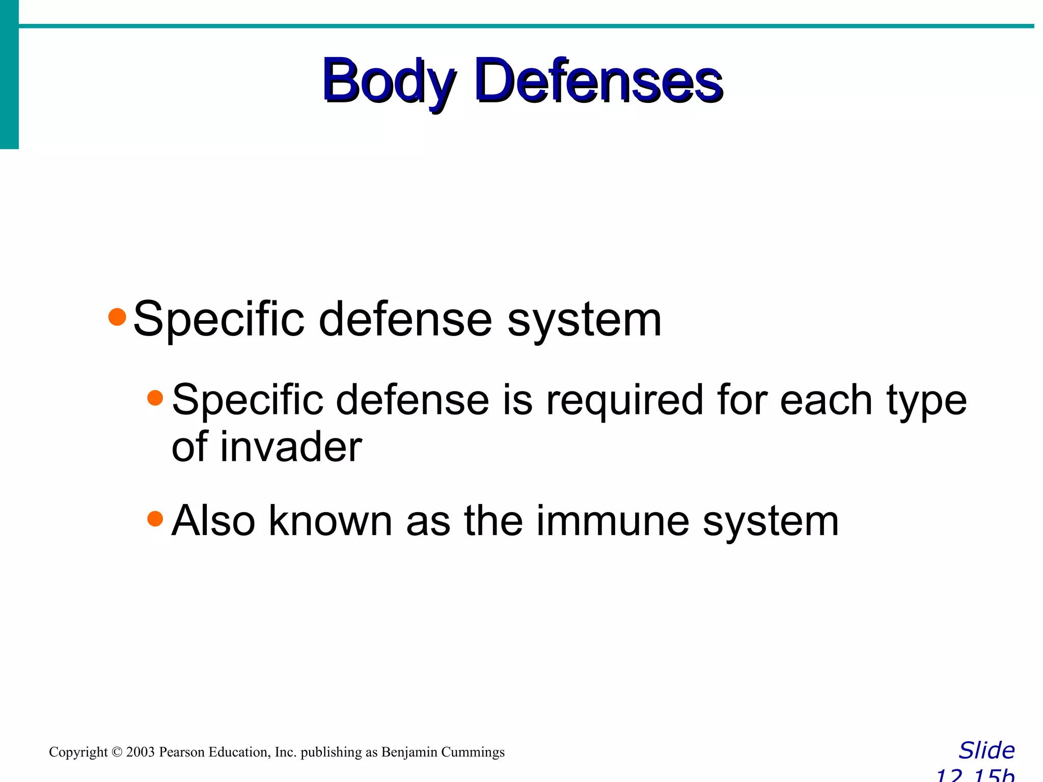 Body Defenses Slide 12.15b Copyright © 2003 Pearson Education, Inc. publishing as Benjamin Cummings Specific defense system Specific defense is required for each type of invader Also known as the immune system 