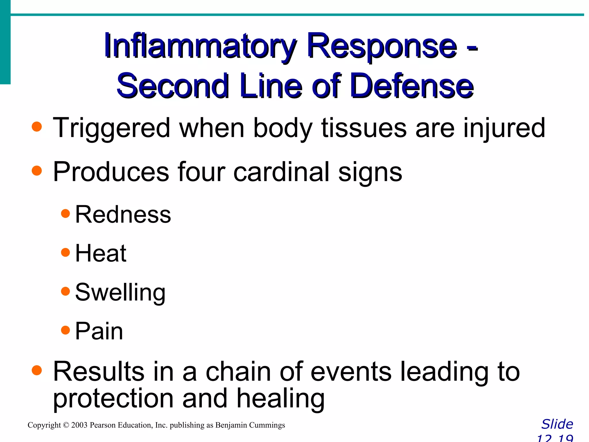 Inflammatory Response -  Second Line of Defense Slide 12.19 Copyright © 2003 Pearson Education, Inc. publishing as Benjamin Cummings Triggered when body tissues are injured Produces four cardinal signs Redness Heat Swelling Pain Results in a chain of events leading to protection and healing 