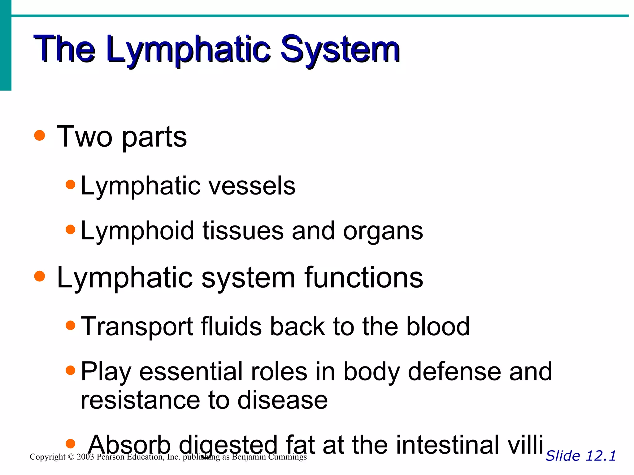 The Lymphatic System Slide 12.1 Copyright © 2003 Pearson Education, Inc. publishing as Benjamin Cummings Two parts Lymphatic vessels Lymphoid tissues and organs Lymphatic system functions Transport fluids back to the blood Play essential roles in body defense and resistance to disease Absorb digested fat at the intestinal villi 