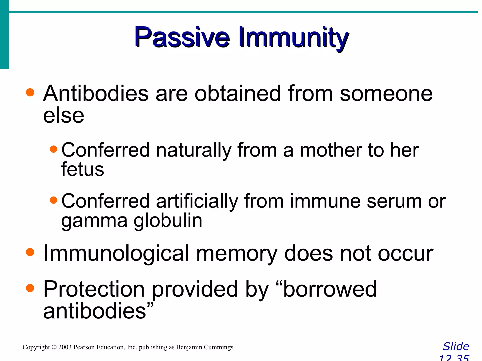 Passive Immunity Slide 12.35 Copyright © 2003 Pearson Education, Inc. publishing as Benjamin Cummings Antibodies are obtained from someone else Conferred naturally from a mother to her fetus Conferred artificially from immune serum or gamma globulin Immunological memory does not occur Protection provided by “borrowed antibodies” 