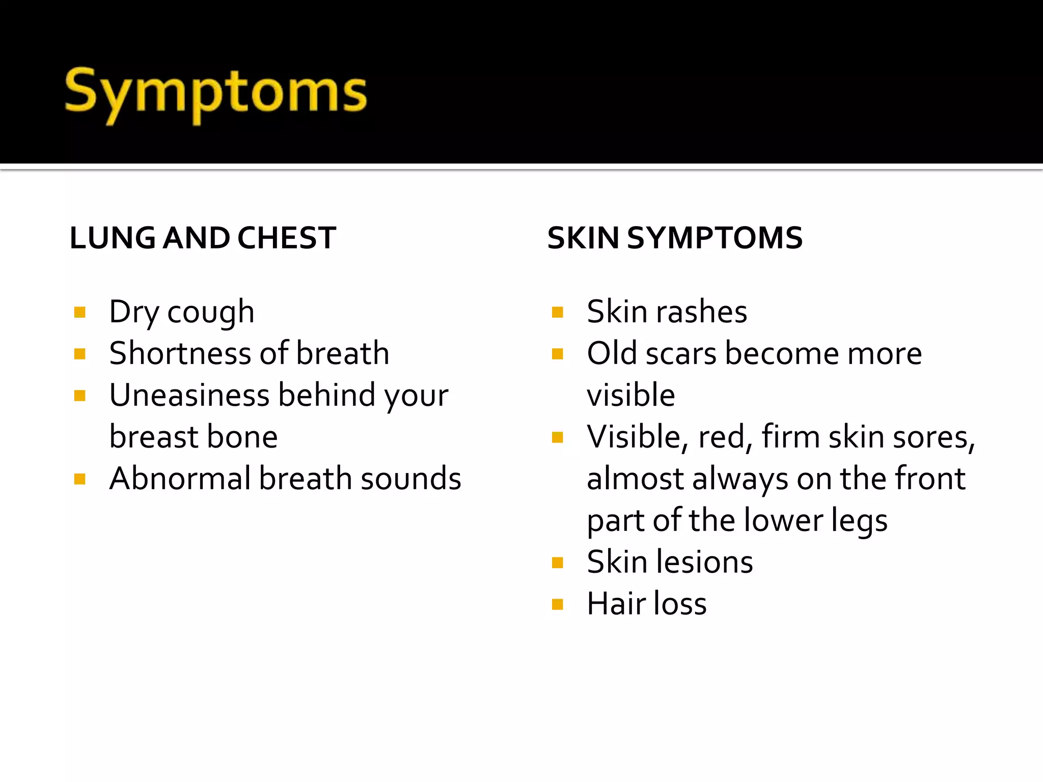 Symptoms Lung and Chest Dry coughShortness of breathUneasiness behind your breast boneAbnormal breath sounds Skin Symptoms Skin rashesOld scars become more visible Visible, red, firm skin sores, almost always on the front part of the lower legsSkin lesionsHair loss