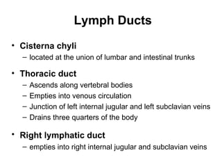 Lymph Ducts
• Cisterna chyli
  – located at the union of lumbar and intestinal trunks

• Thoracic duct
  –   Ascends along vertebral bodies
  –   Empties into venous circulation
  –   Junction of left internal jugular and left subclavian veins
  –   Drains three quarters of the body

• Right lymphatic duct
  – empties into right internal jugular and subclavian veins
 