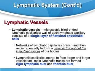 Lymphatic System (Cont’d)
Lymphatic Vessels
– Lymphatic vessels – microscopic blind-ended
lymphatic capillaries; wall of each lymphatic capillary
consists of a single layer of flattened endothelial
cells
• Networks of lymphatic capillaries branch and then
rejoin repeatedly to form a network throughout the
interstitial spaces of our bodies
• Lymphatic capillaries merge to form larger and larger
vessels until main lymphatic trunks are formed –
right lymphatic duct and thoracic duct

 