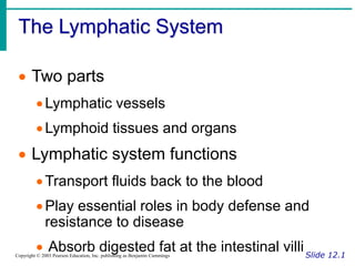 The Lymphatic System
Slide 12.1
Copyright © 2003 Pearson Education, Inc. publishing as Benjamin Cummings
 Two parts
Lymphatic vessels
Lymphoid tissues and organs
 Lymphatic system functions
Transport fluids back to the blood
Play essential roles in body defense and
resistance to disease
 Absorb digested fat at the intestinal villi
 