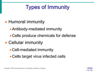 Types of Immunity
Slide
Copyright © 2003 Pearson Education, Inc. publishing as Benjamin Cummings
 Humoral immunity
Antibody-mediated immunity
Cells produce chemicals for defense
 Cellular immunity
Cell-mediated immunity
Cells target virus infected cells
 