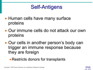 Self-Antigens
Slide
Copyright © 2003 Pearson Education, Inc. publishing as Benjamin Cummings
 Human cells have many surface
proteins
 Our immune cells do not attack our own
proteins
 Our cells in another person’s body can
trigger an immune response because
they are foreign
Restricts donors for transplants
 