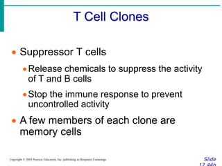T Cell Clones
Slide
Copyright © 2003 Pearson Education, Inc. publishing as Benjamin Cummings
 Suppressor T cells
Release chemicals to suppress the activity
of T and B cells
Stop the immune response to prevent
uncontrolled activity
 A few members of each clone are
memory cells
 