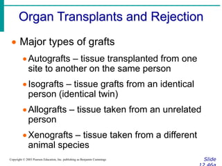 Organ Transplants and Rejection
Slide
Copyright © 2003 Pearson Education, Inc. publishing as Benjamin Cummings
 Major types of grafts
Autografts – tissue transplanted from one
site to another on the same person
Isografts – tissue grafts from an identical
person (identical twin)
Allografts – tissue taken from an unrelated
person
Xenografts – tissue taken from a different
animal species
 