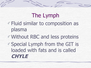 The Lymph Fluid similar to composition as plasma Without RBC and less proteins Special Lymph from the GIT is loaded with fats and is called  CHYLE 