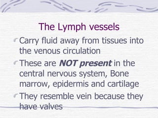 The Lymph vessels Carry fluid away from tissues into the venous circulation These are  NOT present  in the central nervous system, Bone marrow, epidermis and cartilage They resemble vein because they have valves 
