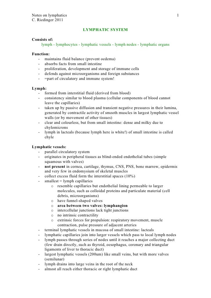 Notes on the Lymphatic System