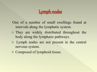 One of a number of small swellings found at
intervals along the lymphatic system.
 They are widely distributed throughout the
body along the lymphatic pathways.
 Lymph nodes are not present in the central
nervous system.
 Composed of lymphoid tissue.
 