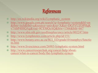  http://en.wikipedia.org/wiki/Lymphatic_system
 http://www.google.com.pk/search?q=lymphatic+system&hl=en
&tbm=isch&tbo=u&source=univ&sa=X&ei=DG5YUZOPHqK
v7AbP4IHQAg&ved=0CEMQsAQ&biw=1366&bih=667
 http://www.nlm.nih.gov/medlineplus/ency/article/002247.htm
 http://www.lymphnotes.com/article.php/id/151/
 http://www.botany.uwc.ac.za/SCI_ED/grade10/manphys/functio
ns.htm
 http://www.livescience.com/26983-lymphatic-system.html
 http://www.cancerresearchuk.org/cancer-help/about-
cancer/what-is-cancer/body/the-lymphatic-system
 