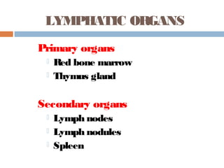 LYMPHATIC ORGANS
Primary organs
 Red bone marrow
 Thymus gland
Secondary organs
 Lymph nodes
 Lymph nodules
 Spleen
 