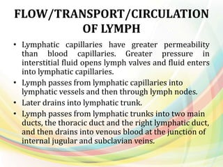FLOW/TRANSPORT/CIRCULATION
OF LYMPH
• Lymphatic capillaries have greater permeability
than blood capillaries. Greater pressure in
interstitial fluid opens lymph valves and fluid enters
into lymphatic capillaries.
• Lymph passes from lymphatic capillaries into
lymphatic vessels and then through lymph nodes.
• Later drains into lymphatic trunk.
• Lymph passes from lymphatic trunks into two main
ducts, the thoracic duct and the right lymphatic duct,
and then drains into venous blood at the junction of
internal jugular and subclavian veins.
 