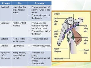 Groups Site Drainage
Pectoral Lower border
of pectoralis
minor
• From upper half of
anterior wall of the
trunk.
• From major part of
the breast.
Scapular Posterior fold
of axilla
• From posterior
wall of the upper
half of the trunk.
• From axillary tail of
the breast
Lateral Medial to the
axillary vein.
• From upper limb.
Central Upper axilla • From above groups.
Apical or
infra
clavicular
Along axillary
vessel below
clavicle.
• From central
group.
• From upper part of
breast.
• From thumb.
 