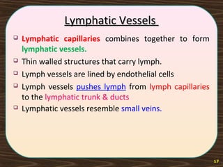 Lymphatic VesselsLymphatic Vessels
 Lymphatic capillaries combines together to form
lymphatic vessels.
 Thin walled structures that carry lymph.
 Lymph vessels are lined by endothelial cells
 Lymph vessels pushes lymph from lymph capillaries
to the lymphatic trunk & ducts
 Lymphatic vessels resemble small veins.
17
 