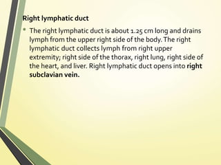 Right lymphatic duct
• The right lymphatic duct is about 1.25 cm long and drains
lymph from the upper right side of the body.The right
lymphatic duct collects lymph from right upper
extremity; right side of the thorax, right lung, right side of
the heart, and liver. Right lymphatic duct opens into right
subclavian vein.
 