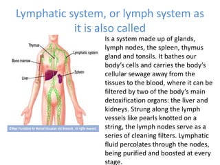 Lymphatic system, or lymph system as
it is also called
Is a system made up of glands,
lymph nodes, the spleen, thymus
gland and tonsils. It bathes our
body’s cells and carries the body’s
cellular sewage away from the
tissues to the blood, where it can be
filtered by two of the body’s main
detoxification organs: the liver and
kidneys. Strung along the lymph
vessels like pearls knotted on a
string, the lymph nodes serve as a
series of cleaning filters. Lymphatic
fluid percolates through the nodes,
being purified and boosted at every
stage.
 
