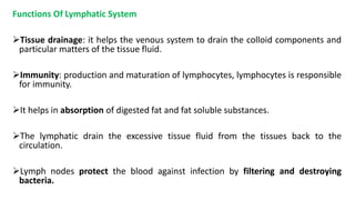 Functions Of Lymphatic System
Tissue drainage: it helps the venous system to drain the colloid components and
particular matters of the tissue fluid.
Immunity: production and maturation of lymphocytes, lymphocytes is responsible
for immunity.
It helps in absorption of digested fat and fat soluble substances.
The lymphatic drain the excessive tissue fluid from the tissues back to the
circulation.
Lymph nodes protect the blood against infection by filtering and destroying
bacteria.
 