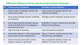 Differences Between Primary And Secondary Immune Response
SN Primary Immune Response Secondary Immune Response
1 Small number of pathogen specific cells
respond at the start
Large number of pathogen specific cells
respond immediately
2 Delay before pathogen specific antibodies
are produced
Pathogen specific antibodies already present
3 Non-isotype switched antibody having a
mixture of affinities for the pathogen is
produced at the start
Antibodies is isotype switched and have high
affinity for the pathogen
4 High threshold of activation Lower threshold of activation
5 Delay before effector T cells are generated
and are able to enter infected tissue
Effector T cells are present and can enter
infected tissue immediately
6 Innate immunity works alone until an
adaptive response is generated
Close cooperation between innate and
adaptive immunity from the start
 