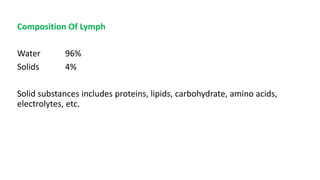 Composition Of Lymph
Water 96%
Solids 4%
Solid substances includes proteins, lipids, carbohydrate, amino acids,
electrolytes, etc.
 