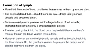 Formation of lymph
• More fluid filters out of blood capillaries than returns to them by reabsorption.
• The excess filtered fluid—about 3 liters per day—drains into lymphatic
vessels and becomes lymph.
• Because most plasma proteins are too large to leave blood vessels,
interstitial fluid contains only a small amount of protein.
• Proteins can't go back into the blood once they've left it because there's
more of them in the blood vessels than outside.
• However, they can go into the lymphatic vessels and be brought back into
the bloodstream. So, the lymphatic vessels help return the proteins and
plasma that were lost from the blood.
 