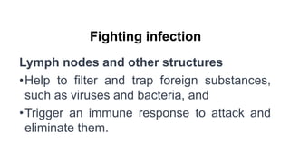 Fighting infection
Lymph nodes and other structures
•Help to filter and trap foreign substances,
such as viruses and bacteria, and
•Trigger an immune response to attack and
eliminate them.
 