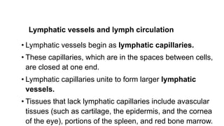 Lymphatic vessels and lymph circulation
• Lymphatic vessels begin as lymphatic capillaries.
• These capillaries, which are in the spaces between cells,
are closed at one end.
• Lymphatic capillaries unite to form larger lymphatic
vessels.
• Tissues that lack lymphatic capillaries include avascular
tissues (such as cartilage, the epidermis, and the cornea
of the eye), portions of the spleen, and red bone marrow.
 