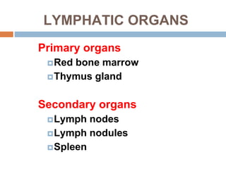 LYMPHATIC ORGANS
Primary organs
Red bone marrow
Thymus gland
Secondary organs
Lymph nodes
Lymph nodules
Spleen
 