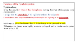 Functions of the lymphatic system
Tissue drainage
Every day, around 21 litres of fluid from plasma, carrying dissolved substances and some
plasma protein,
• escape from the arterial end of the capillaries and into the tissues and
• most of this fluid is returned to the bloodstream via the capillary at its venous end,
but the excess, about 3-4 litres of fluid, is drained away by the lymphatic vessels.
Without this, the tissues would rapidly become waterlogged, and the cardiovascular system
would begin to fail
 