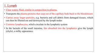 1. Lymph
• Clear watery fluid, similar in composition to plasma,
• Transports the plasma proteins that seep out of the capillary beds back to the bloodstream
• Carries away larger particles, e.g. bacteria and cell debris from damaged tissues, which
can then be filtered out and destroyed by the lymph nodes
• Contains lymphocytes, which circulate in the lymphatic system
• In the lacteals of the small intestine, fats absorbed into the lymphatics give the lymph
(chyle), a milky appearance.
 