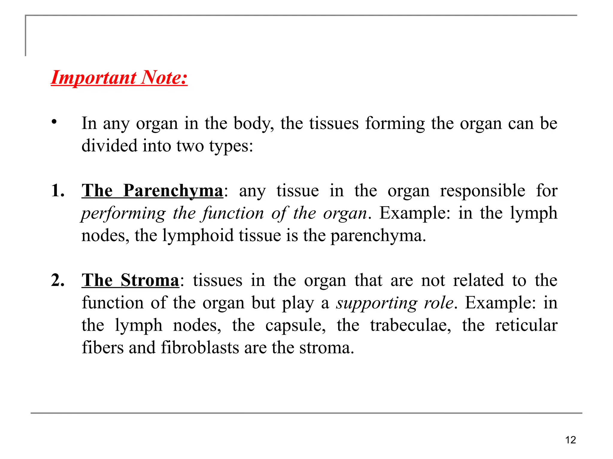 Important Note:
• In any organ in the body, the tissues forming the organ can be
divided into two types:
1. The Parenchyma: any tissue in the organ responsible for
performing the function of the organ. Example: in the lymph
nodes, the lymphoid tissue is the parenchyma.
2. The Stroma: tissues in the organ that are not related to the
function of the organ but play a supporting role. Example: in
the lymph nodes, the capsule, the trabeculae, the reticular
fibers and fibroblasts are the stroma.
12
 
