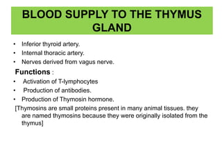 BLOOD SUPPLY TO THE THYMUS
GLAND
• Inferior thyroid artery.
• Internal thoracic artery.
• Nerves derived from vagus nerve.
Functions :
• Activation of T-lymphocytes
• Production of antibodies.
• Production of Thymosin hormone.
[Thymosins are small proteins present in many animal tissues. they
are named thymosins because they were originally isolated from the
thymus]
 