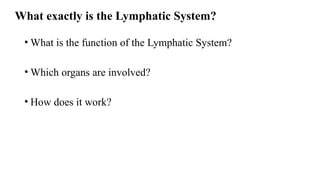 What exactly is the Lymphatic System?
• What is the function of the Lymphatic System?
• Which organs are involved?
• How does it work?
 