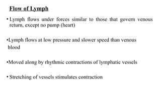 Flow of Lymph
• Lymph flows under forces similar to those that govern venous
return, except no pump (heart)
•Lymph flows at low pressure and slower speed than venous
blood
•Moved along by rhythmic contractions of lymphatic vessels
• Stretching of vessels stimulates contraction
 