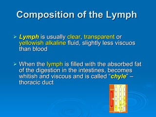 Composition of the Lymph   <ul><li>Lymph   is usually  clear ,  transparent  or  yellowish alkaline  fluid, slightly less ...