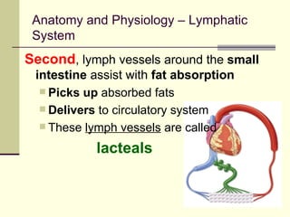 Anatomy and Physiology – Lymphatic
 System
Second, lymph vessels around the small
 intestine assist with fat absorption
   Picks up absorbed fats
   Delivers to circulatory system
   These lymph vessels are called

            lacteals
 