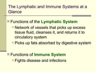 The Lymphatic and Immune Systems at a
Glance

 Functions of the Lymphatic System
   Network   of vessels that picks up excess
    tissue fluid, cleanses it, and returns it to
    circulatory system
   Picks up fats absorbed by digestive system


 Functions of Immune System
   Fights   disease and infections
 