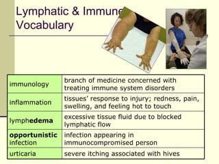 Lymphatic & Immune
  Vocabulary



                branch of medicine concerned with
immunology
                treating immune system disorders
                tissues’ response to injury; redness, pain,
inflammation
                swelling, and feeling hot to touch
                excessive tissue fluid due to blocked
lymphedema
                lymphatic flow
opportunistic   infection appearing in
infection       immunocompromised person
urticaria       severe itching associated with hives
 