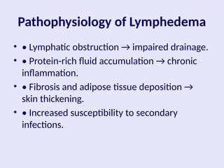 Pathophysiology of Lymphedema
• • Lymphatic obstruction → impaired drainage.
• • Protein-rich fluid accumulation → chronic
inflammation.
• • Fibrosis and adipose tissue deposition →
skin thickening.
• • Increased susceptibility to secondary
infections.
 