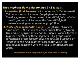 The Lymphatic flow is determined by 2 factors..
Interstitial fluid Pressure :- An increase in the interstitial
fluid pressure  increase lymph flow .Increased
Capillary pressure & decreased interstitial fluid colloidal
osmotic pressure increase the interstitial fluid
pressure causing an increase in lymph flow.
Activity of the lymphatic pump :- Lymphatic channels
have valves . These valves prevent back flow of lymph.
The portion of lymphatic channels b/w 2 valves forms a
segment. Stretch of these segments by lymph causes
contraction of the smooth muscles causing pumping of
lymph into the next segment this continues in the
subsequent segment until the fluid is emptied into the
veins.
The Lymphatic pump can generate pressure up to 100mmhg
 