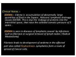 Clinical Notes :-
EDEMA :- Edema is accumulation of abnormally large
quantities of fluid in the 3space , Reduced lymphatic drainage
causes EDEMA. This is due the leakage of proteins into the
interstitial space, that raise the colloidal osmotic pressure of 3
space .
EDEMA is seen in diseases of lymphatic caused by infections
such as filariasis or surgical removal of lymph nodes ( Radical
Mastectomy)
Filariasis leads to development of oedema in the affected
part also called Elephantiasis .Lymphatics form a route of
spread of Cancer cells.
 