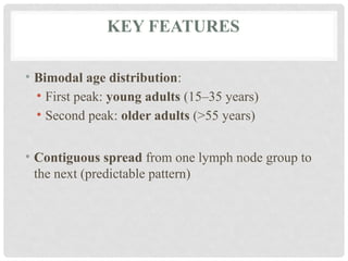 KEY FEATURES
• Bimodal age distribution:
• First peak: young adults (15–35 years)
• Second peak: older adults (>55 years)
• Contiguous spread from one lymph node group to
the next (predictable pattern)
 