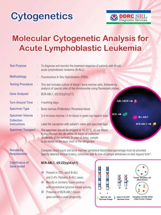 Cytogenetics
To diagnose and monitor the treatment response of patients with B-cell
acute lymphoblastic leukemia (B-ALL).
Fluorescence In Situ Hybridization (FISH).
This test includes culture of blood / bone marrow cells, followed by
analysis of special sites of the chromosome using fluorescent probes.
BCR-ABL1, t(9:22)(q34;q11).
4 working days.
Bone marrow (Preferably)/ Peripheral blood.
3-4 ml bone marrow / 4 ml blood in green top heparin tube.
Label the vacutainer with patient’s name and specimen type.
The specimen should be shipped at 18-25°C, do not freeze.
It should reach the lab within 24 hours of collection
(preferably at the earliest). In case of delay, sample
to be stored on the door shelf of the refrigerator.
Complete blood count and bone marrow/ peripheral blood blast percentage must be provided.
Specify detailed clinical history, collection date & time of sample withdrawn on test request form*.
BCR-ABL1, t(9:22)(q34;q11)
¤	Present in 25% adult B-ALL
	 and 2-4% Pediatric B-ALL cases.
¤	Results in chimeric fusion protein
	 with constitutive tyrosine kinase activity.
¤	Presence of BCR-ABL1 fusion
	 gene confers a poor prognosis.
Test Purpose	 :
Methodology	:
Testing Procedure	 :
Gene Analyzed	 :
Turn Around Time	 :
Specimen Type	 :
Specimen Volume	 :
Collection
instructions	:
Specimen Transport	 :
Mandatory
Requirements	:
Significance of	 :
Gene tested
Molecular Cytogenetic Analysis for
Acute Lymphoblastic Leukemia
 